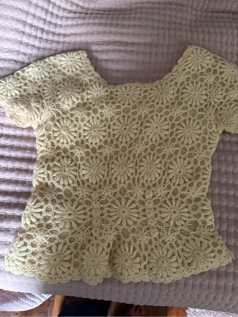 Vintage Cream Crochet Short-Sleeve Top